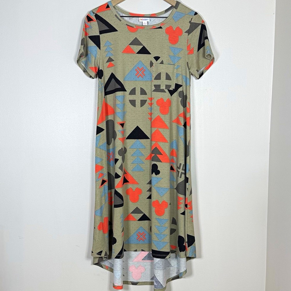 LuLaRoe Disney Womens Carly Midi Dress S Tan Geometric Hi Low Mickey Mouse - Picture 1 of 9